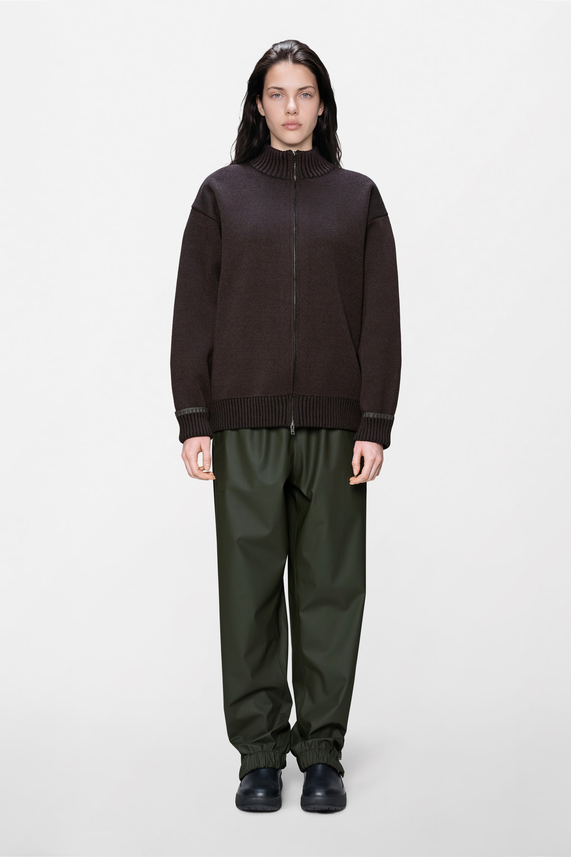 RAINS Sowa Knit Zip Cardigan Bark / Black Long Sleeve